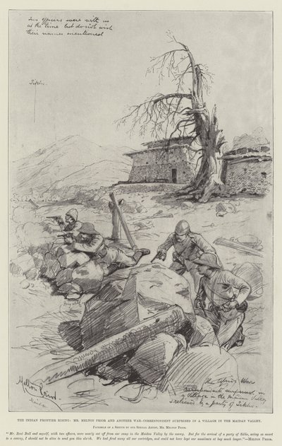 The Indian Frontier Rising, Mr Melton Prior and another War-Correspondent surprised in a Village in the Maidan Valley by Melton Prior